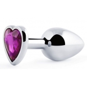 Серебристая анальная пробка с фиолетовым кристаллом-сердечком - 8 см. - Anal Jewelry Plug - купить с доставкой в Ельце