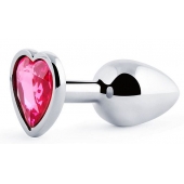 Серебристая анальная пробка с розовым кристаллом-сердечком - 7 см. - Anal Jewelry Plug - купить с доставкой в Ельце