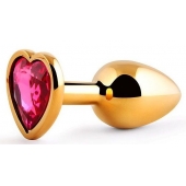Золотистая анальная пробка с малиновым кристаллом-сердечком - 7 см. - Anal Jewelry Plug - купить с доставкой в Ельце