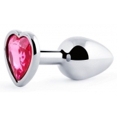 Серебристая анальная пробка с малиновым кристаллом-сердечком - 7 см. - Anal Jewelry Plug - купить с доставкой в Ельце