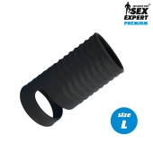 Черная открытая насадка на пенис с кольцом для мошонки L-size - 8,5 см. - Sex Expert - в Ельце купить с доставкой