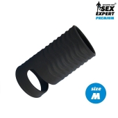 Черная открытая насадка на пенис с кольцом для мошонки size M - 7,9 см. - Sex Expert - в Ельце купить с доставкой