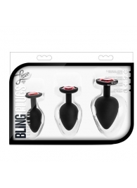 Набор черных анальных пробок с красным кристаллом-сердечком Bling Plugs Training Kit - Blush Novelties - купить с доставкой в Ельце
