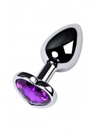 Серебристая коническая анальная пробка с фиолетовым кристаллом-сердечком - 7 см. - ToyFa - купить с доставкой в Ельце