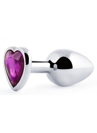 Серебристая анальная пробка с фиолетовым кристаллом-сердечком - 8 см. - Anal Jewelry Plug - купить с доставкой в Ельце
