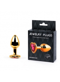 Золотистая анальная пробка с малиновым кристаллом-сердечком - 7 см. - Anal Jewelry Plug - купить с доставкой в Ельце