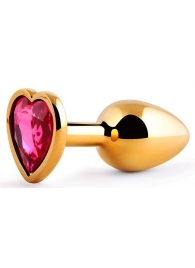 Золотистая анальная пробка с малиновым кристаллом-сердечком - 7 см. - Anal Jewelry Plug - купить с доставкой в Ельце
