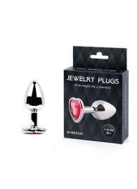 Серебристая анальная пробка с малиновым кристаллом-сердечком - 7 см. - Anal Jewelry Plug - купить с доставкой в Ельце