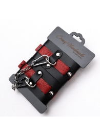 Черно-красные кожаные наручники на металлической сцепке - Crazy Handmade - купить с доставкой в Ельце