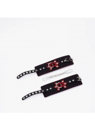 Черные кожаные наручники с красным декором и строчкой - Crazy Handmade - купить с доставкой в Ельце