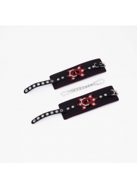 Черные кожаные наручники с красным декором и строчкой - Crazy Handmade - купить с доставкой в Ельце