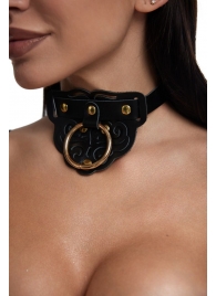 Черный фигурный кожаный ошейник с золотистой фурнитурой - Crazy Handmade - купить с доставкой в Ельце