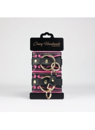 Черные кожаные наручники с розовой строчкой - Crazy Handmade - купить с доставкой в Ельце