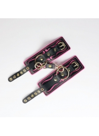 Черные кожаные наручники с розовой строчкой - Crazy Handmade - купить с доставкой в Ельце