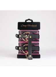 Черные кожаные оковы с розовой строчкой - Crazy Handmade - купить с доставкой в Ельце