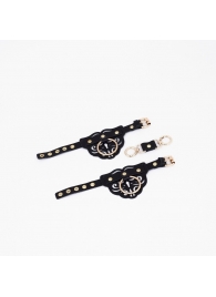 Черные кожаные наручники с клепками, кольцами и золотистой фурнитурой - Crazy Handmade - купить с доставкой в Ельце