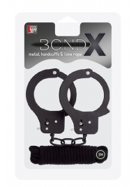 Чёрные наручники из листового металла в комплекте с веревкой BONDX METAL CUFFS LOVE ROPE SET - Dream Toys - купить с доставкой в Ельце