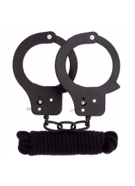 Чёрные наручники из листового металла в комплекте с веревкой BONDX METAL CUFFS LOVE ROPE SET - Dream Toys - купить с доставкой в Ельце