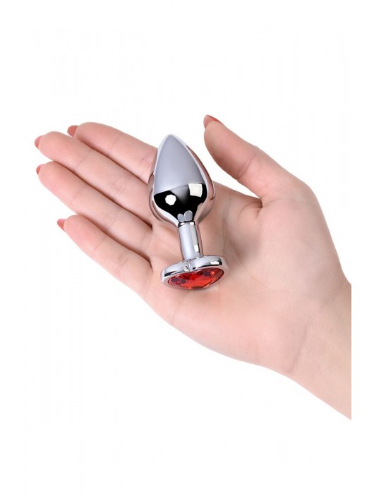 Серебристая коническая анальная пробка с красным кристаллом-сердечком - 7 см. - ToyFa - купить с доставкой в Ельце