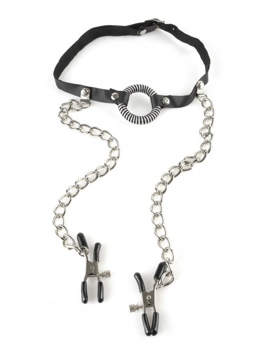 Кляп, соединенный цепочкой с клипсами для сосков - Pipedream - купить с доставкой в Ельце