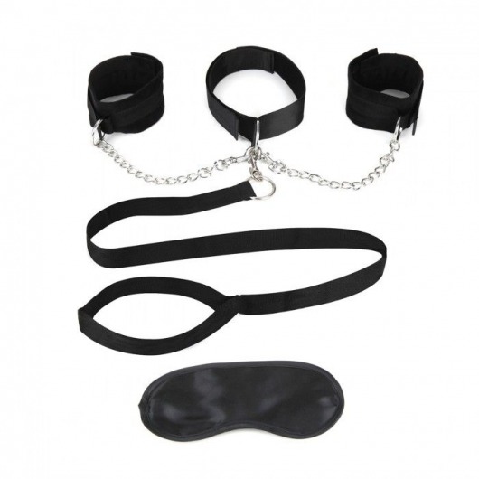 Чёрный ошейник с наручниками и поводком Collar Cuffs   Leash Set - Lux Fetish - купить с доставкой в Ельце