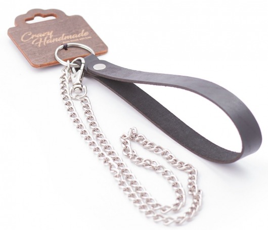 Серебристый металлический поводок с кожаной черной ручкой - 80 см. - Crazy Handmade - купить с доставкой в Ельце