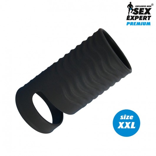 Черная открытая насадка на пенис с кольцом для мошонки XXL-size - 9,4 см. - Sex Expert - в Ельце купить с доставкой