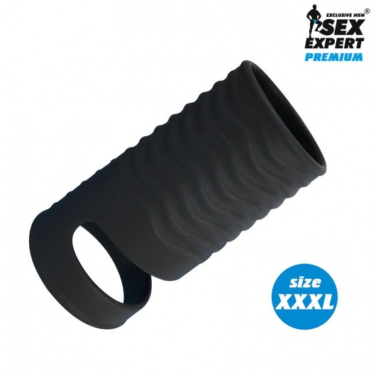 Черная открытая насадка на пенис с кольцом для мошонки XXXL-size - 9,9 см. - Sex Expert - в Ельце купить с доставкой