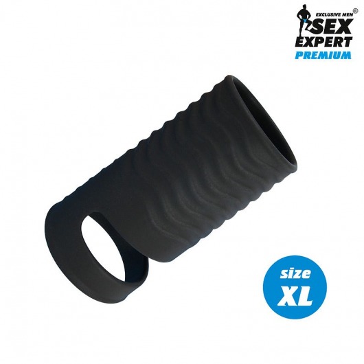 Черная открытая насадка на пенис с кольцом для мошонки XL-size - 8,9 см. - Sex Expert - в Ельце купить с доставкой