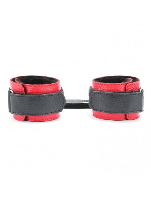 Красно-чёрные кожаные наручники с меховым подкладом - БДСМ Арсенал - купить с доставкой в Ельце