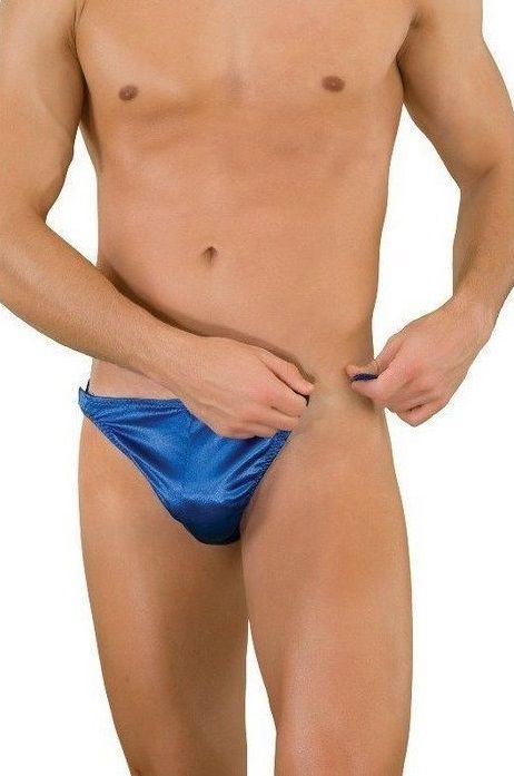 Синие трусы-тонги с застежкой сбоку и сатиновым блеском - La Blinque купить с доставкой