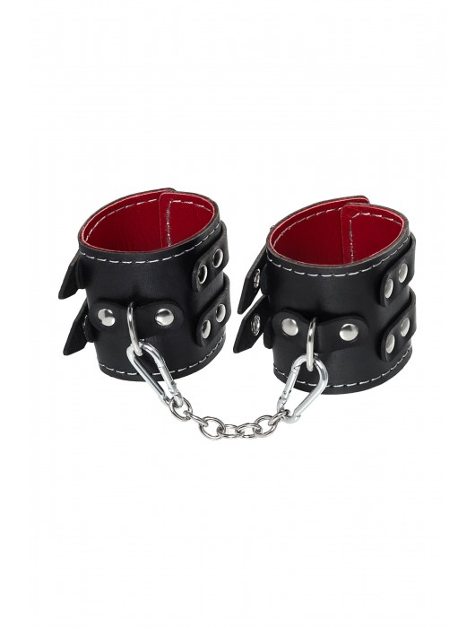 Черные кожаные наручники с двумя ремнями и красной подкладкой - Pecado - купить с доставкой в Ельце