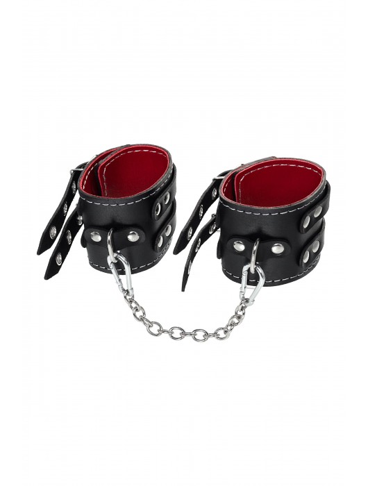 Черные кожаные оковы с двумя ремнями и красной подкладкой - Pecado - купить с доставкой в Ельце