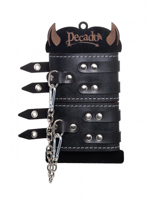 Черные кожаные оковы с двумя ремнями и красной подкладкой - Pecado - купить с доставкой в Ельце