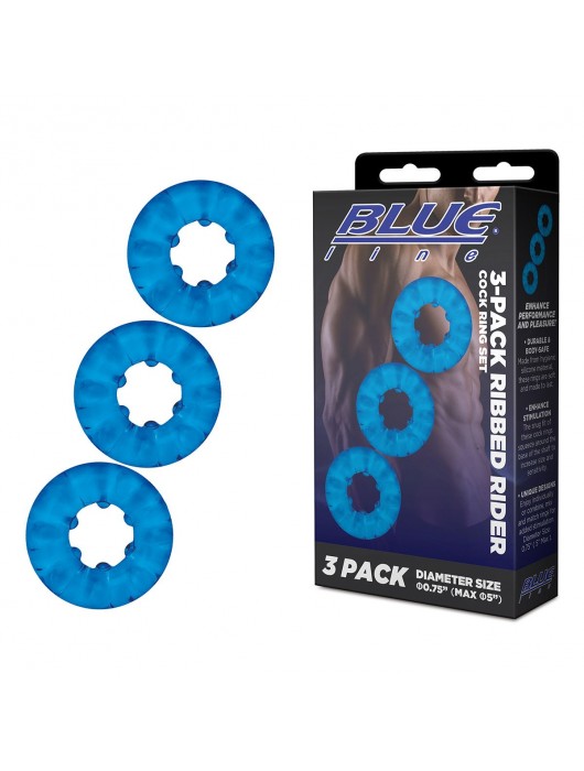 Комплект из трех голубых эрекционных колец 3-Pack Ribbed Rider Cock Ring Set - BlueLine - в Ельце купить с доставкой