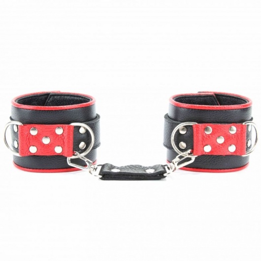 Широкие черные наручники с красным декором - БДСМ Арсенал - купить с доставкой в Ельце