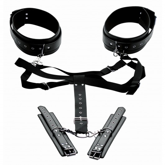 Черная бондажная система Acquire Easy Access Thigh Harness with Wrist Cuffs - XR Brands - купить с доставкой в Ельце