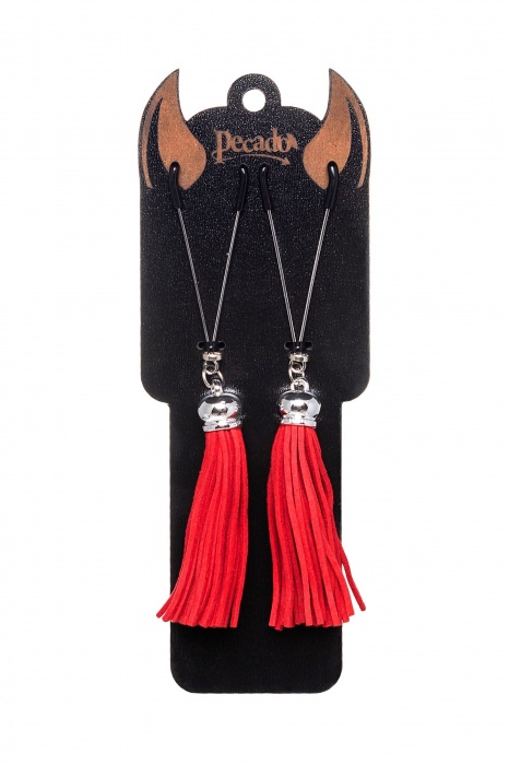 Зажимы на соски «Вилки» с красными кисточками из замши - Pecado - купить с доставкой в Ельце