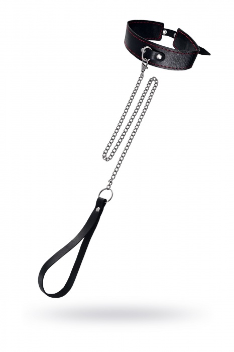 Кожаный двухслойный ошейник с красной строчкой и поводком - Pecado - купить с доставкой в Ельце