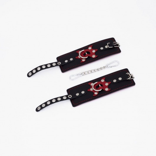 Черные кожаные наручники с красным декором и строчкой - Crazy Handmade - купить с доставкой в Ельце