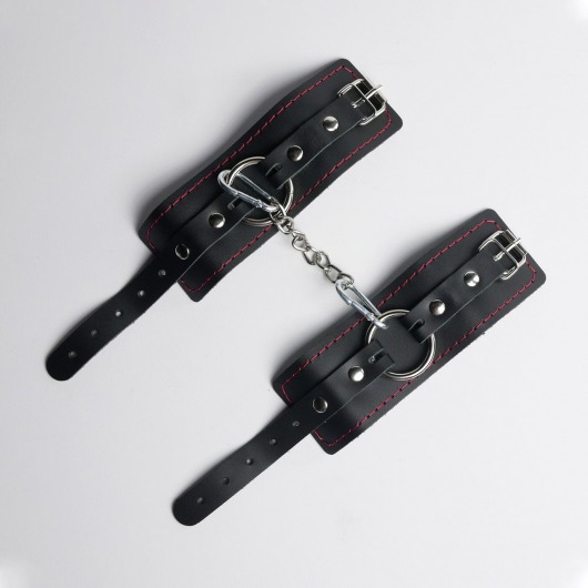 Черные кожаные наручники с красной строчкой - Crazy Handmade - купить с доставкой в Ельце