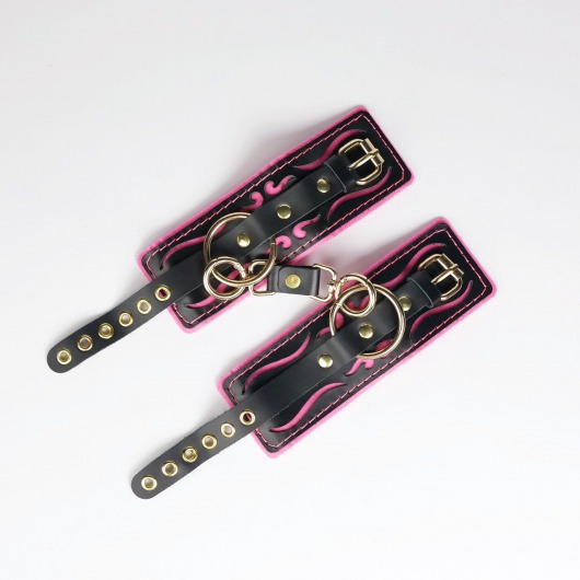 Черные кожаные наручники с розовой строчкой - Crazy Handmade - купить с доставкой в Ельце