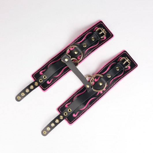 Черные кожаные оковы с розовой строчкой - Crazy Handmade - купить с доставкой в Ельце