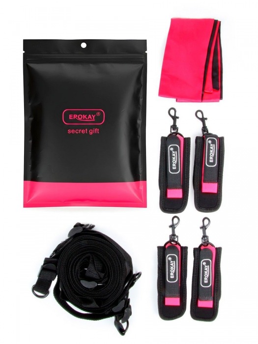 Черно-розовый эротический набор: фиксатор, оковы, наручники, повязка - Erokay - купить с доставкой в Ельце