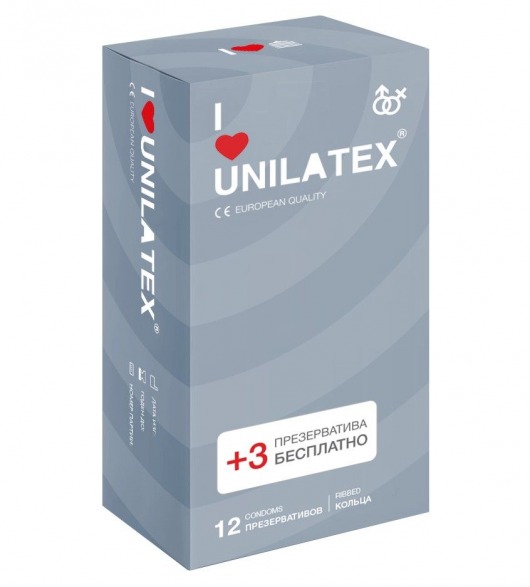 Презервативы с рёбрами Unilatex Ribbed - 12 шт. + 3 шт. в подарок - Unilatex - купить с доставкой в Ельце