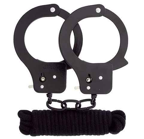 Чёрные наручники из листового металла в комплекте с веревкой BONDX METAL CUFFS LOVE ROPE SET - Dream Toys - купить с доставкой в Ельце